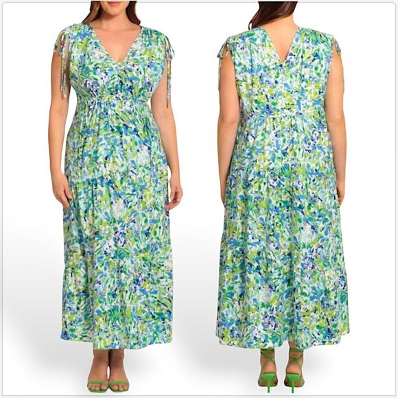 Maggy London White Aqua Floral Print Maxi Shoulder Gather Dress NEW NWT 18 - Picture 1 of 5